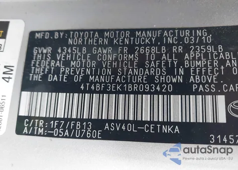 2011 Toyota Camry Le из США, поврежденный, VIN 4T4BF3EK1BR093420